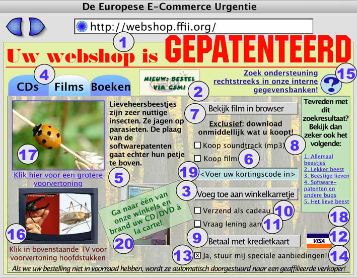 Beeld van een webwinkel met bij elk element een aanduiding ivm welke Europese softwarepatenten met die functionaliteit overtreden worden